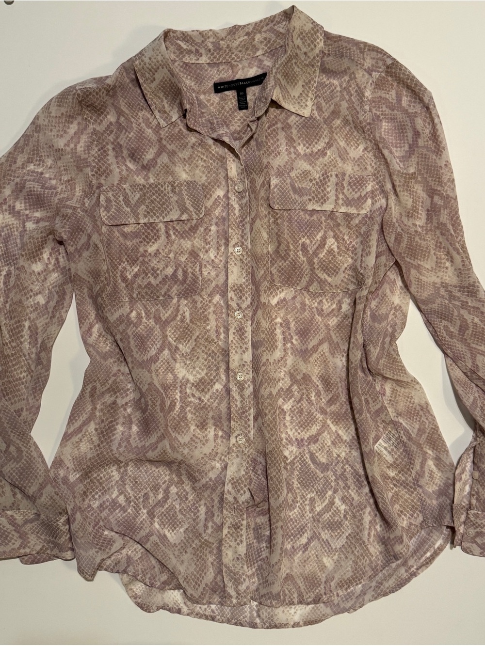WHBM Women's Sheer Mauve & Cream Snake-Print Button Front Blouse